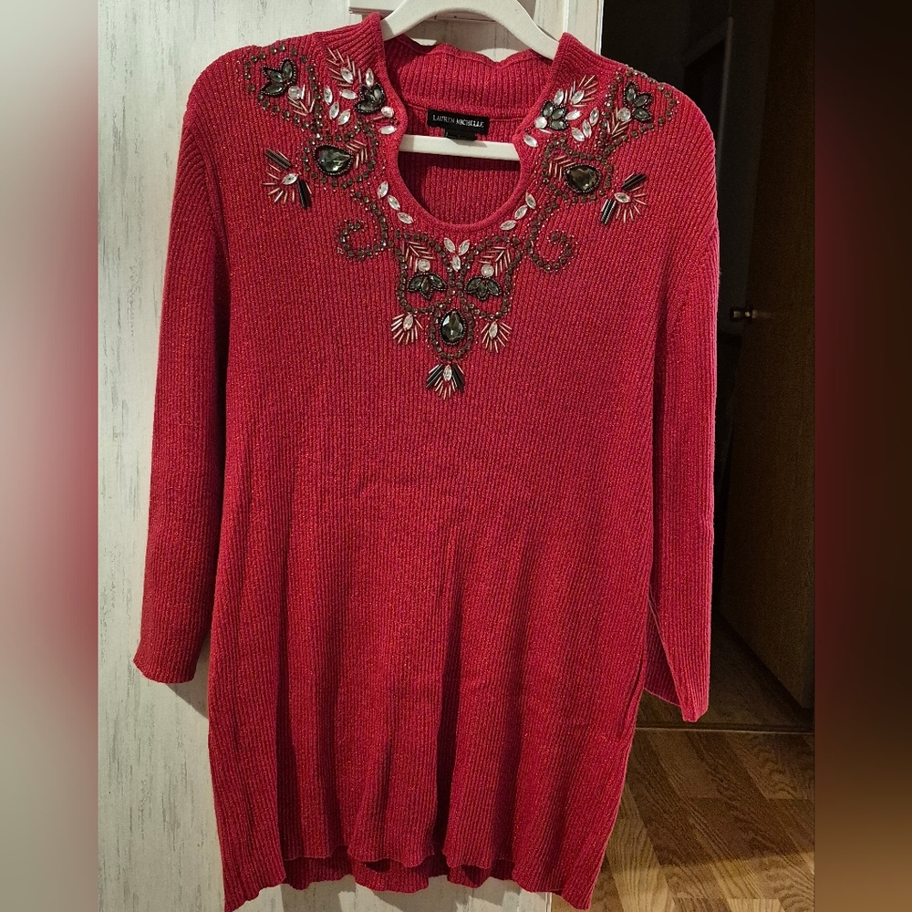 Lauren Michelle Red Embellished Sweater,  XL